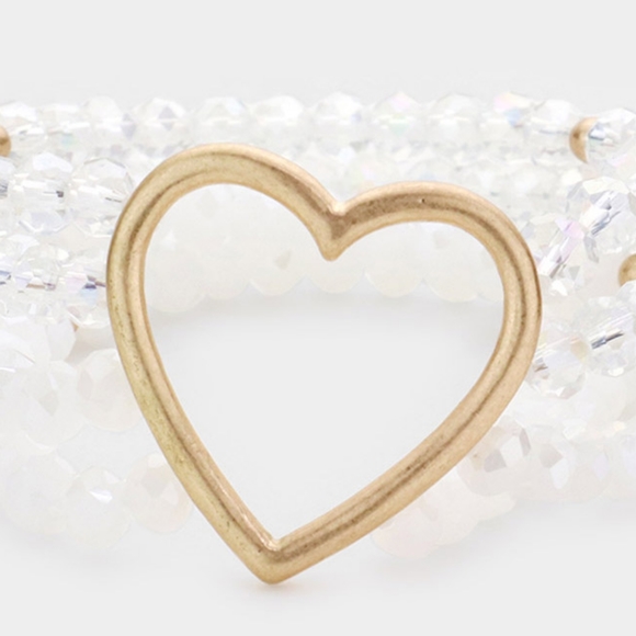 White Beads Stretch MultiLayered Heart Gold Bracelet Fashion Statement Jewelry - Picture 2 of 2